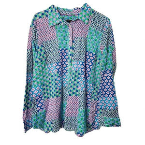 Talbots Button Up Blouse Womens XL Floral Tulip Mixed Pattern Thin Knit Collared